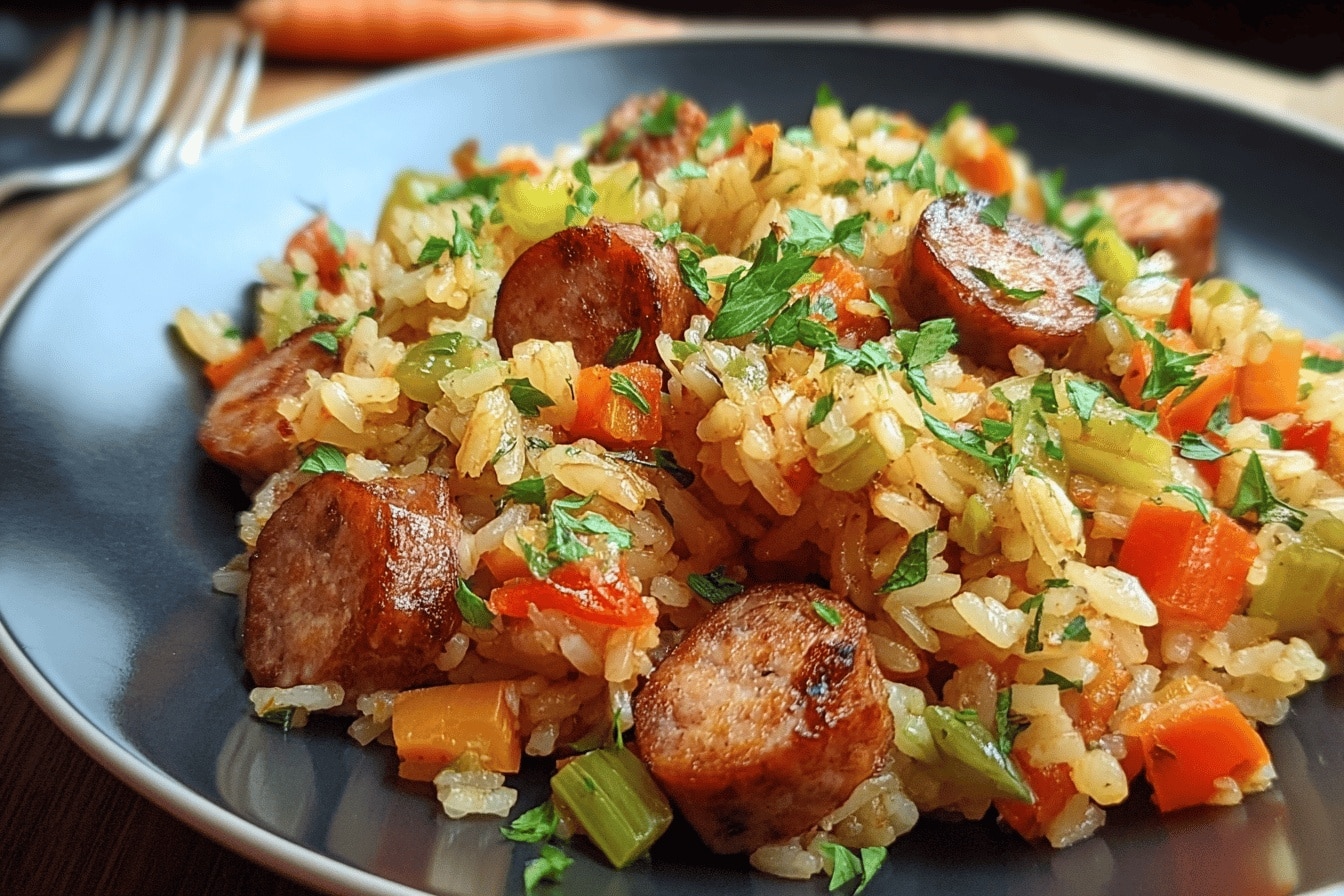Poêlée riz chipolatas légumes