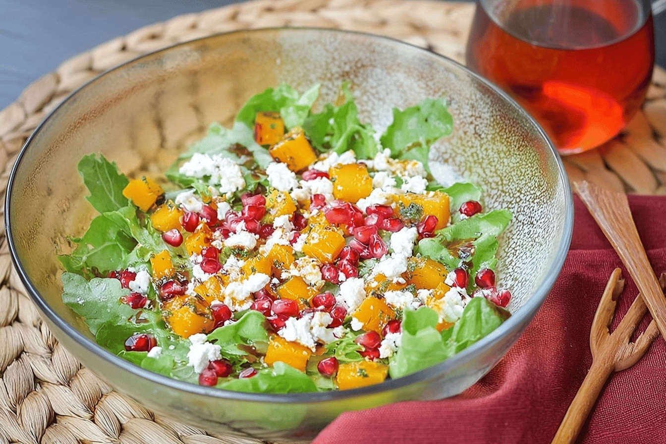 Salade de butternut et feta, lentilles, grenade et pignons