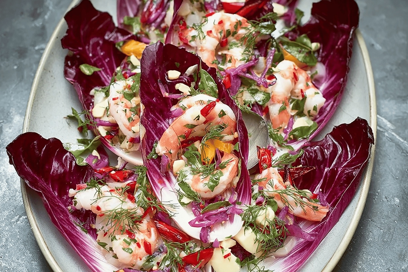 Salade de chicorée rouge au saumon et crevettes
