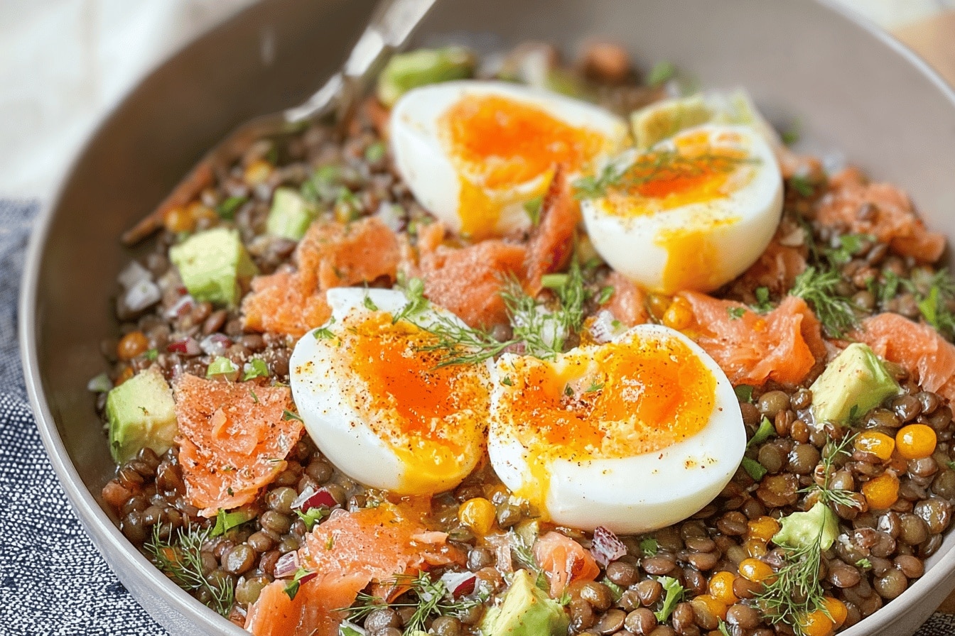 Salade de lentilles au saumon fumé et œuf mollet