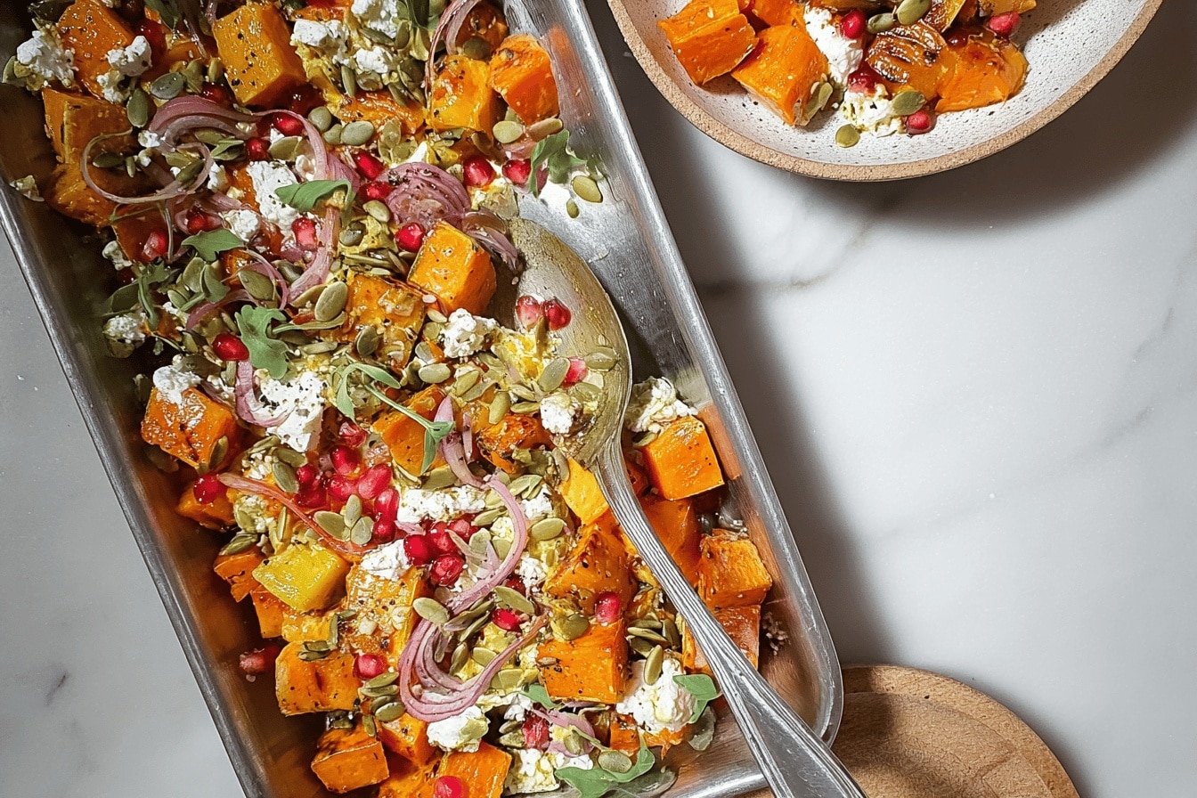Salade de patate douce rôtie et féta aux noix de pécan caramélisées