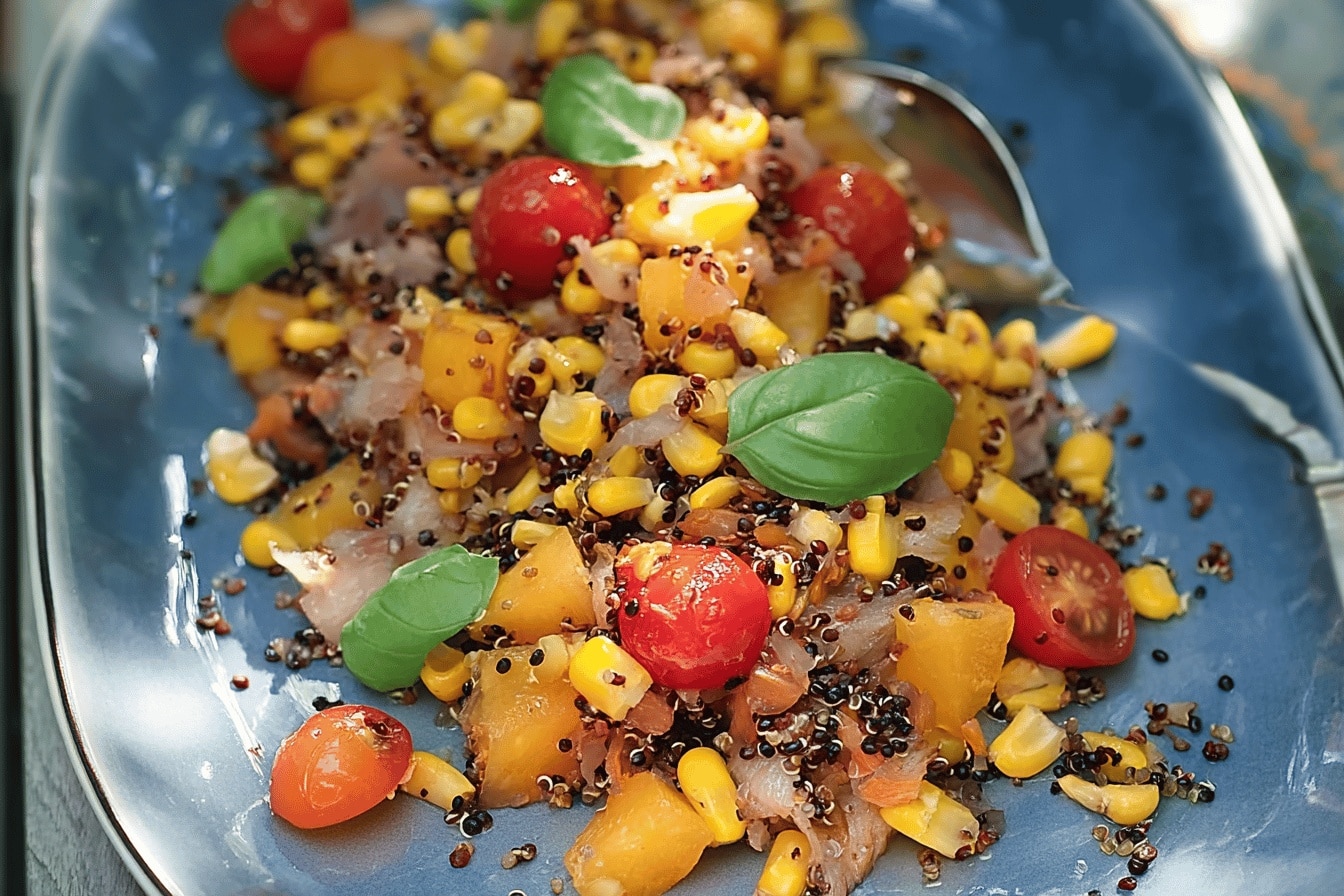 Salade de quinoa et riz noir, maïs et tomates jaunes