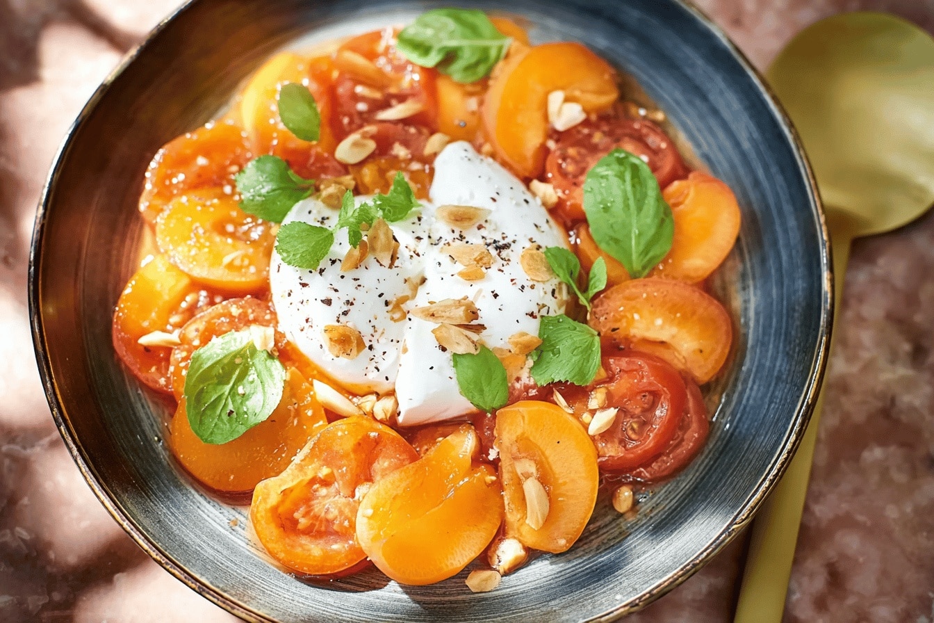 Salade de tomates et abricots rôtis à la burrata
