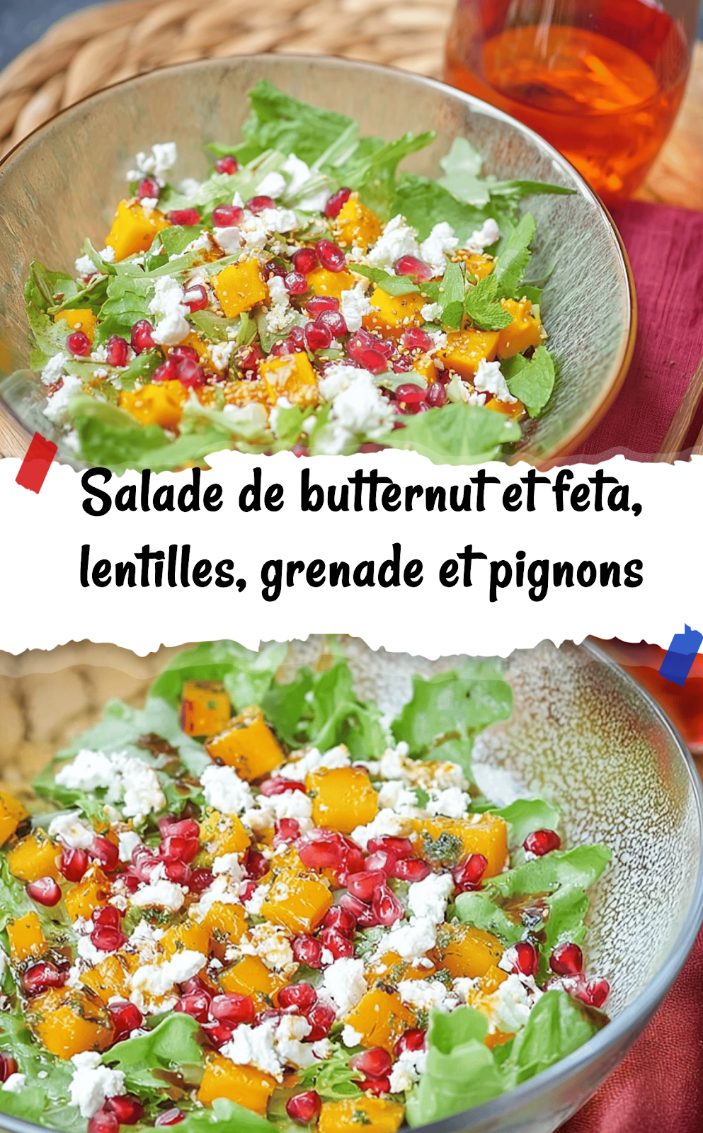 Salade de butternut et feta, lentilles, grenade et pignons