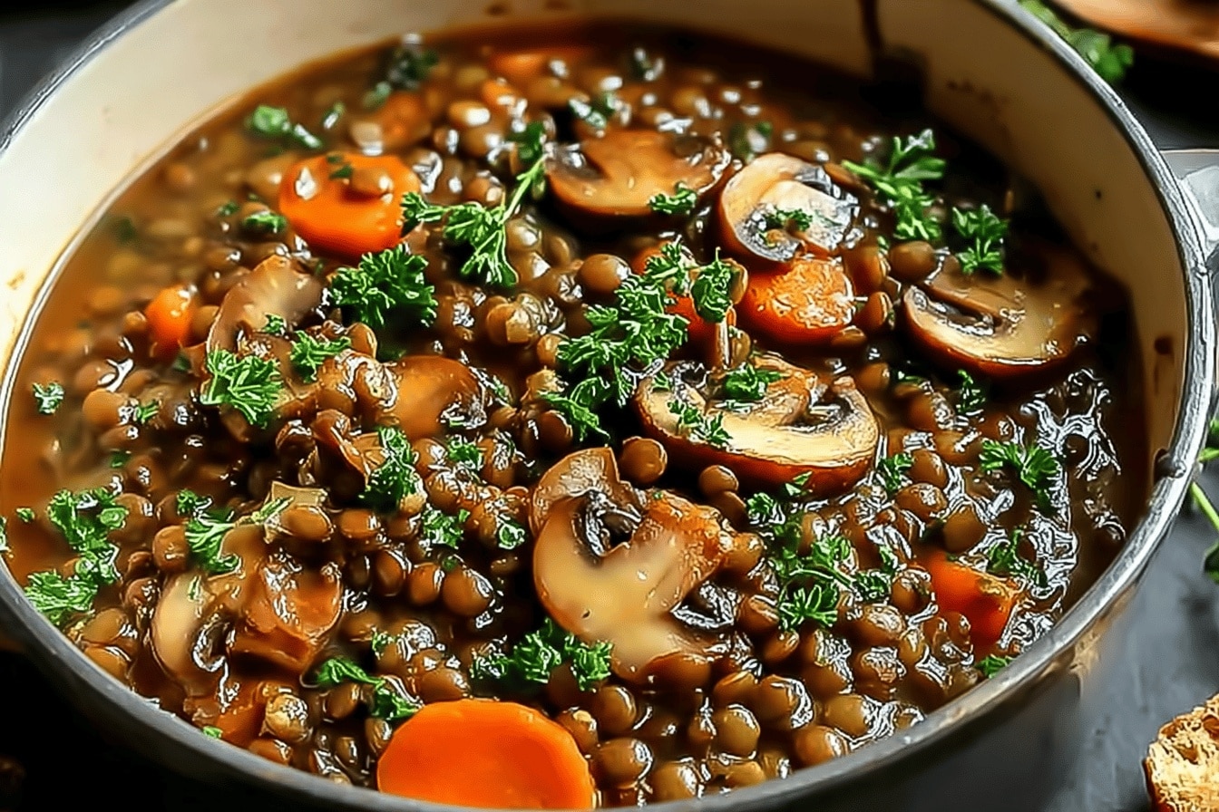 ragoût végétalien aux lentilles et champignons