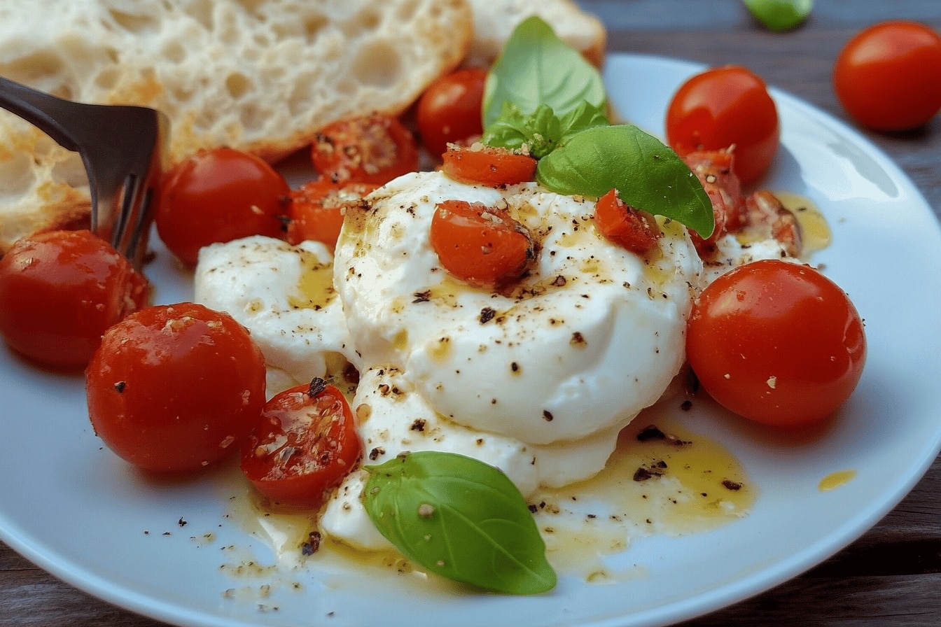 Burrata aux tomates cerises rôties