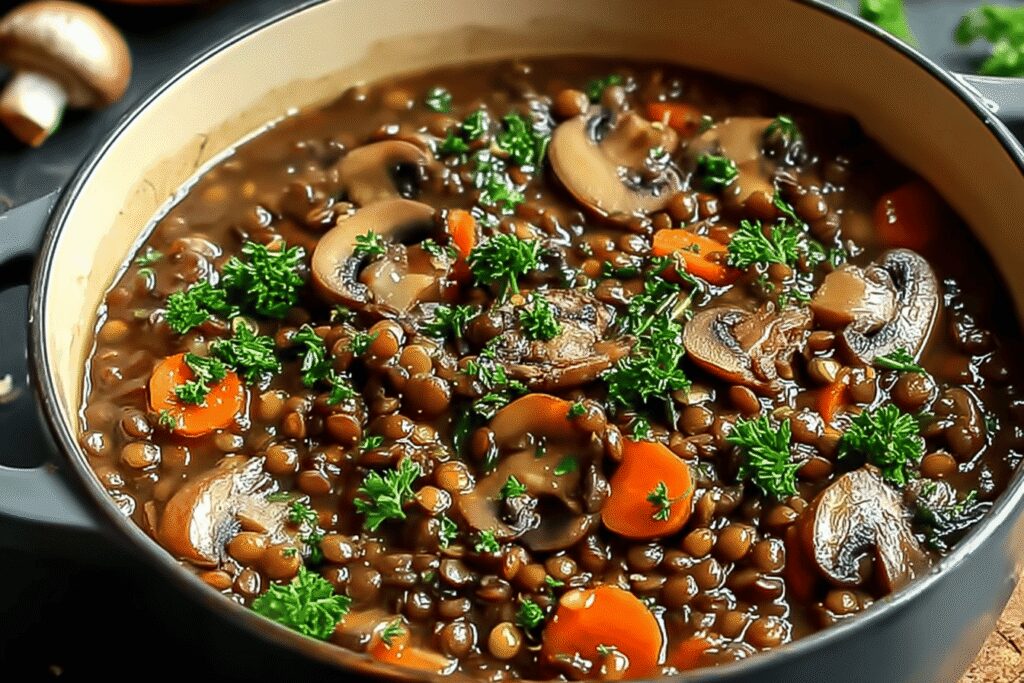 ragoût végétalien aux lentilles et champignons