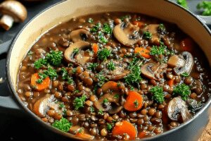 ragoût végétalien aux lentilles et champignons