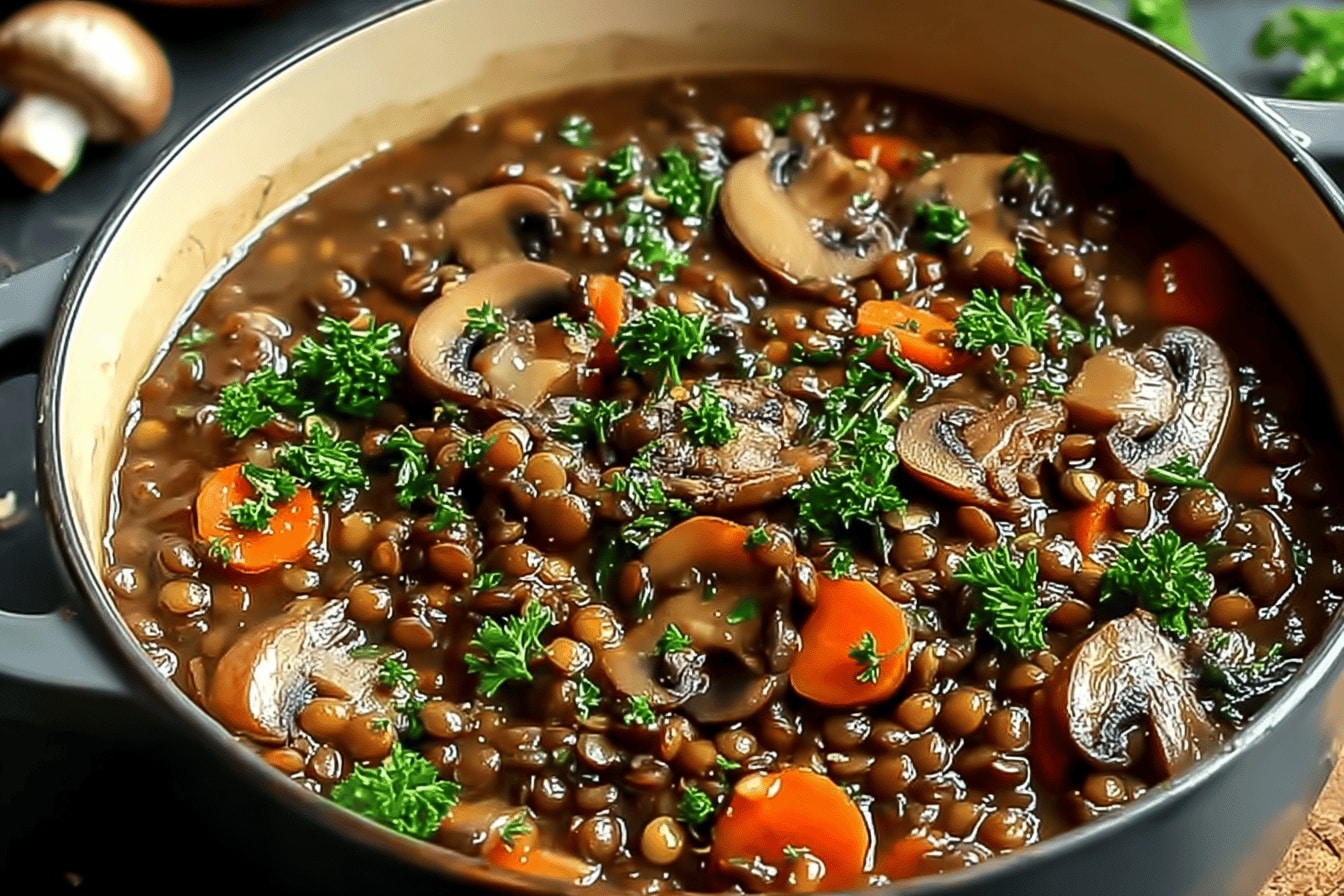 ragoût végétalien aux lentilles et champignons