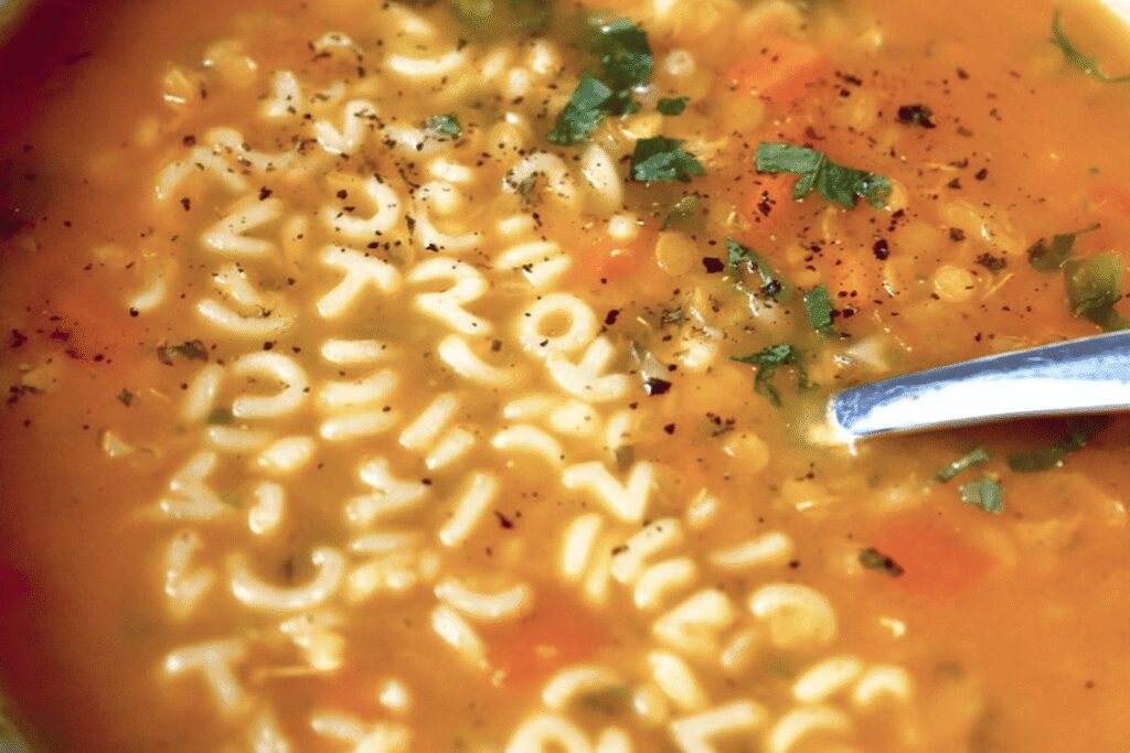 soupe alphabet au bouillon légumes lentilles